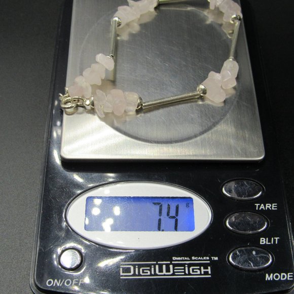 7" Sterling Silver Simple Rose Quartz Chips Bracelet Vintage - Picture 6 of 6